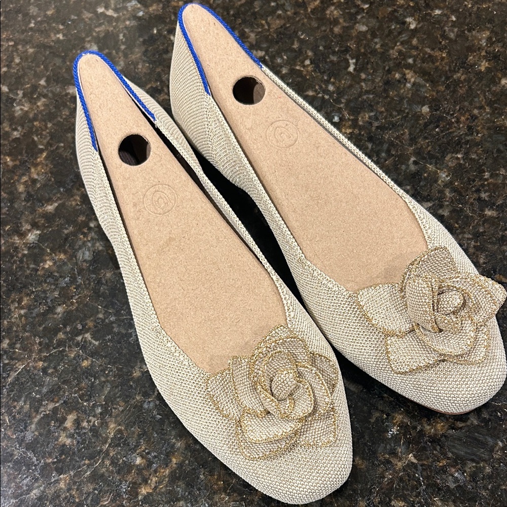 Rothy's The Petal Square Ballet Flats Gold Metallic Flower Shoes 10